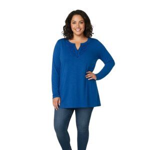 NINE WEST XXL Rayon V-Neck Tunic Top Blue Soft Subtle Fringe Detail Plus Size